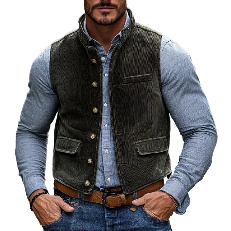 Men's Vintage Corduroy Stand Collar Single Breasted Work Vest 31627178M sold by Manly
