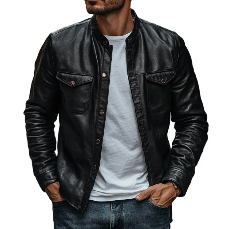 Men's Casual Solid Color Leather Stand Collar Slim Fit Long Sleeve Shirt 81627098M sold by Manly