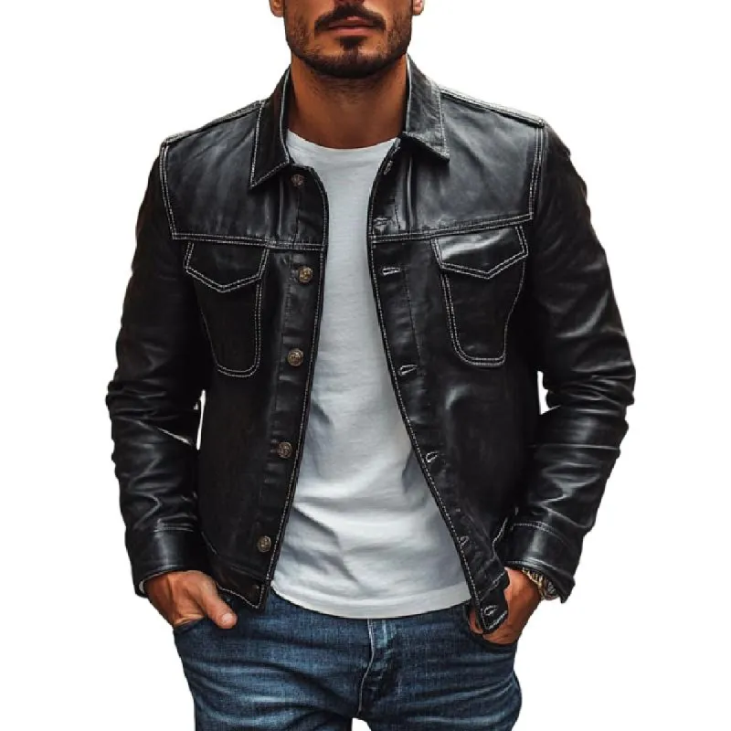 Men's Casual Solid Color Leather Lapel Slim Fit Long Sleeve Shirt 51944451M made by Manly