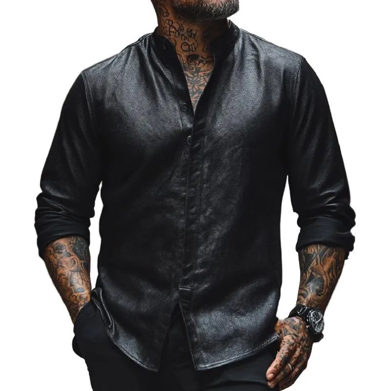 Men's Classic Stand Collar Long Sleeve Casual Leather Shirt 86836684F sold by Manly