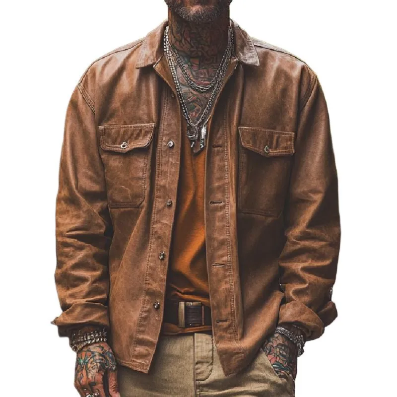 Men's Vintage Lapel Long Sleeve Leather Shirt 99466686F sold by Manly