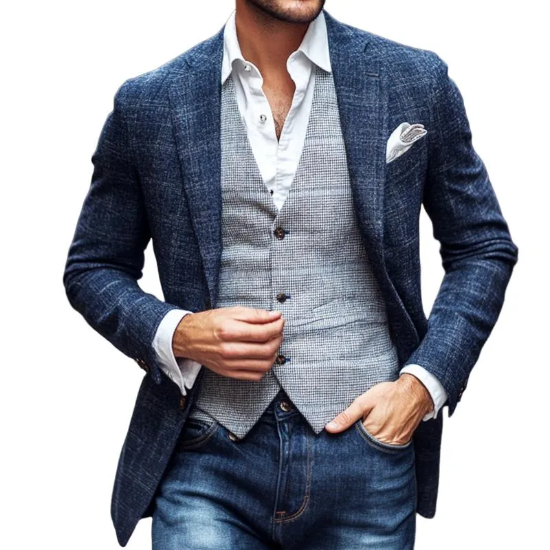 Men's Retro Casual Plaid Straight Shoulder Blazer 25949096TO sold by Manly