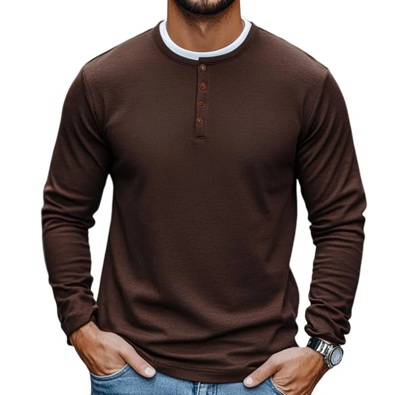Men's Vintage Casual Solid Color Henley Collar Fake Two Piece Long Sleeve T-Shirt 28424457TO sold by Manly