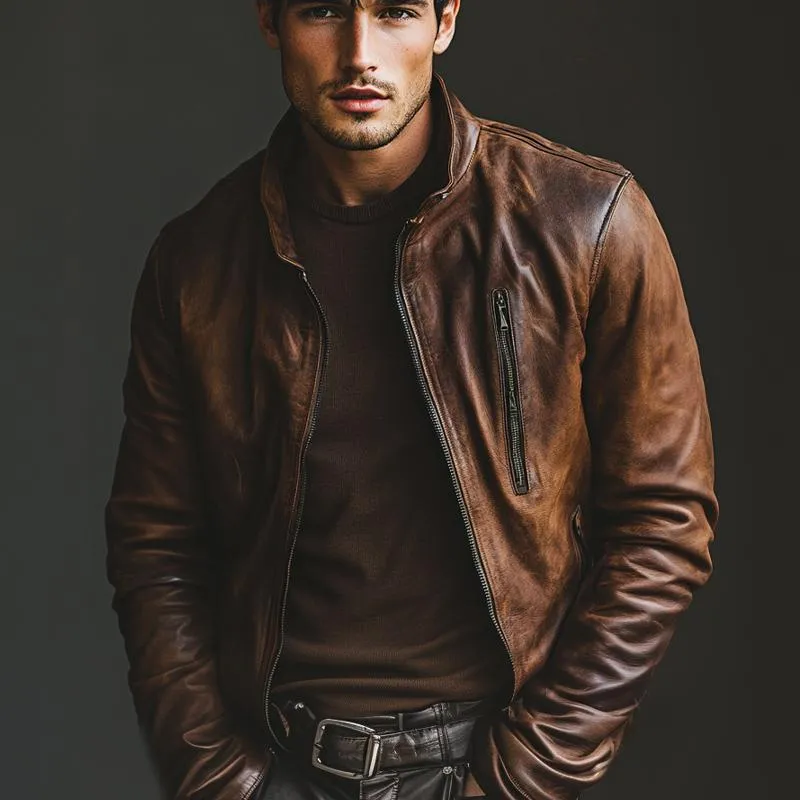 Men's Vintage Stand Collar Zipper Leather Jacket 26820614U sold by Manly product image thumbnail 2