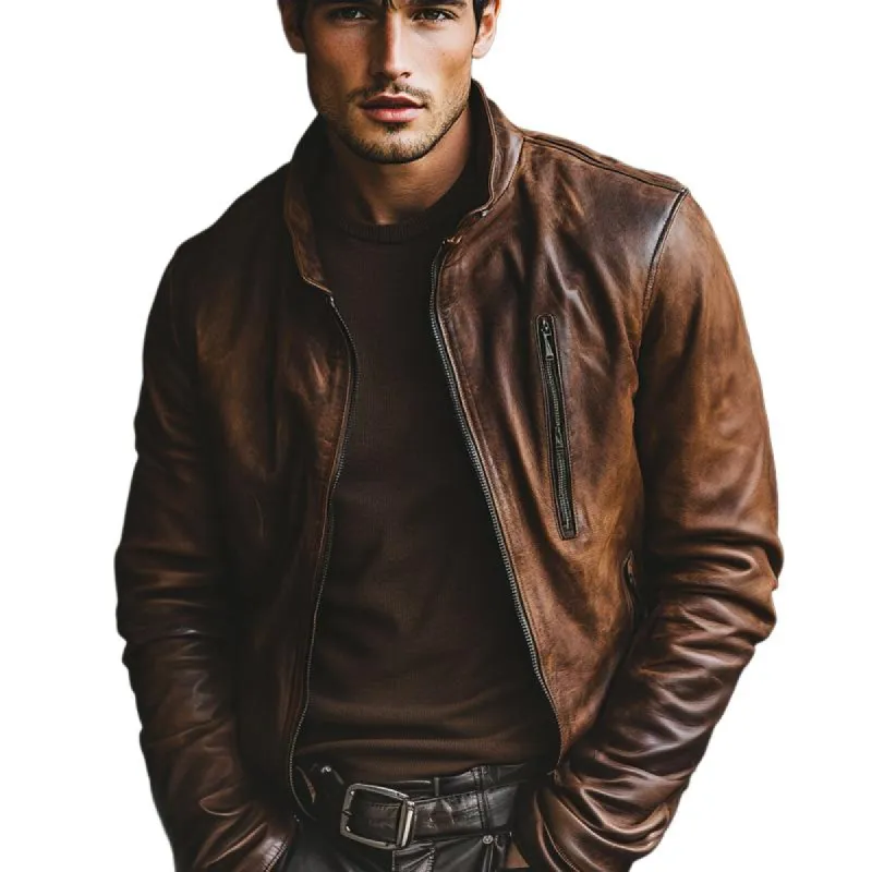 Men's Vintage Stand Collar Zipper Leather Jacket 26820614U sold by Manly