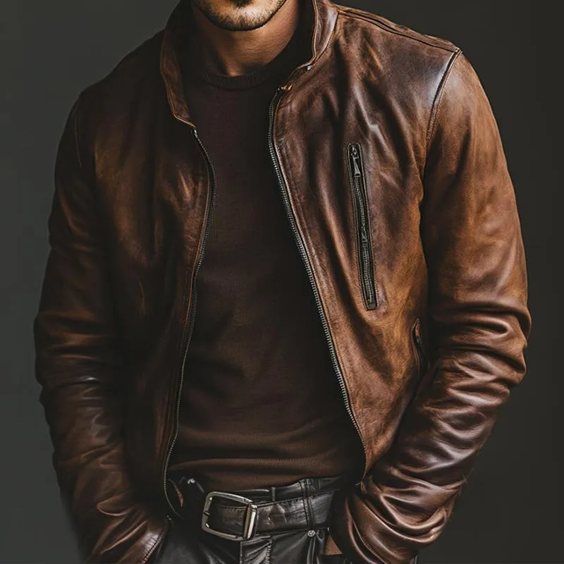 Men's Vintage Stand Collar Zipper Leather Jacket 26820614U sold by Manly product image thumbnail 3