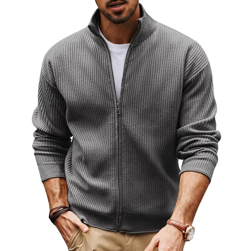 Men's Grey Stand Collar Zippered Knit Cardigan 56180644U sold by Manly