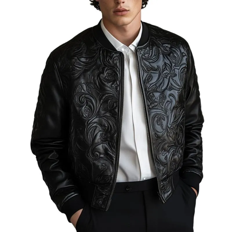 Men's Black Embossed Zip-Up Leather Jacket 34251062U sold by Manly