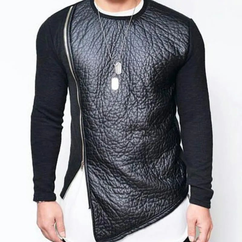 Men's Faux Leather Stitching Zip-up Round Neck Long-sleeved T-shirt(Internal T-shirt not included) 12785925U sold by Manly product image thumbnail 3