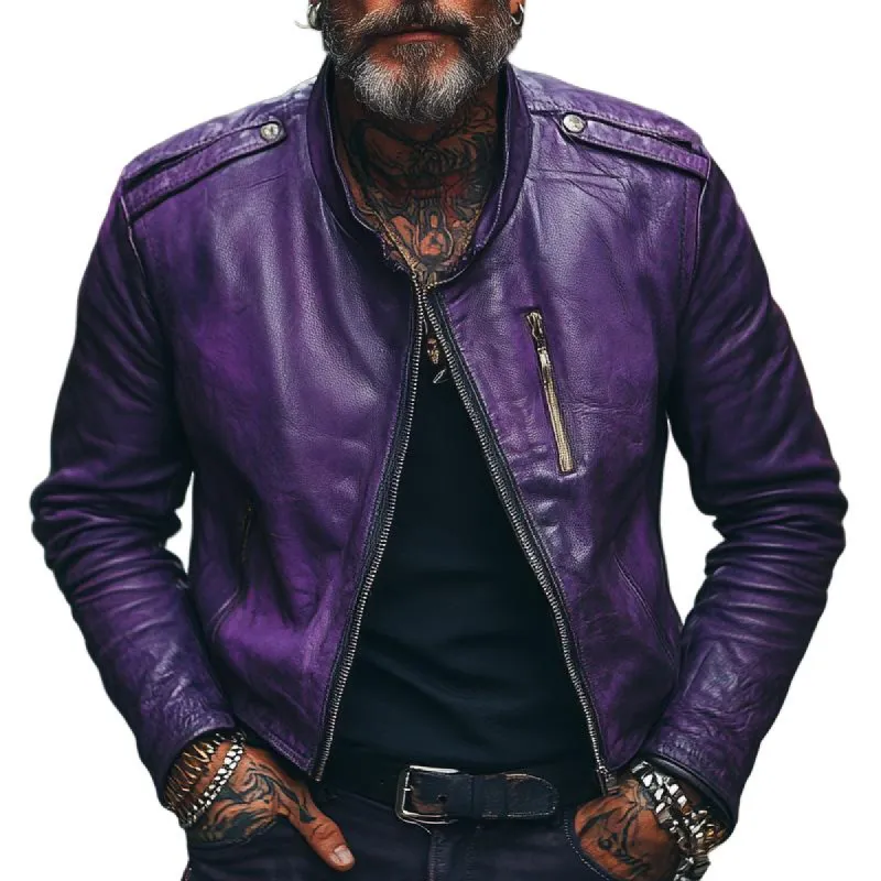 Men's Casual Stand Collar Purple Leather Jacket 25165222F sold by Manly