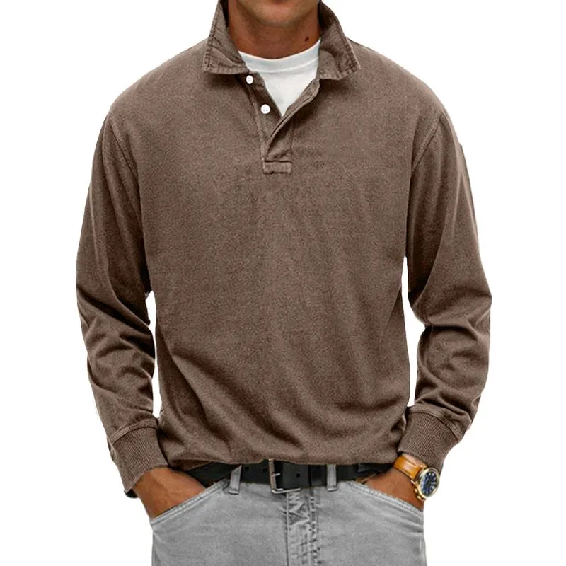 Men's Solid Loose Lapel Long Sleeve Casual Polo Shirt 50457389Z sold by Manly