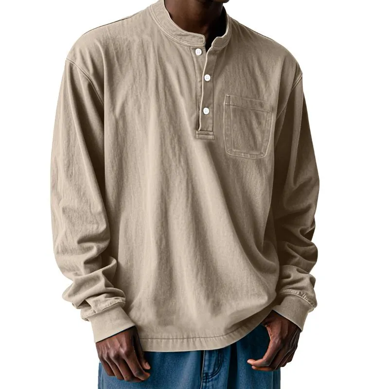 Men's Solid Loose Henley Collar Long Sleeve Casual T-shirt 80684155Z sold by Manly