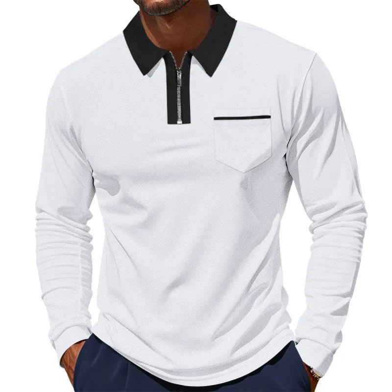 Men's Colorblock Lapel Chest Pocket Long Sleeve Casual Polo Shirt 60028178Z sold by Manly