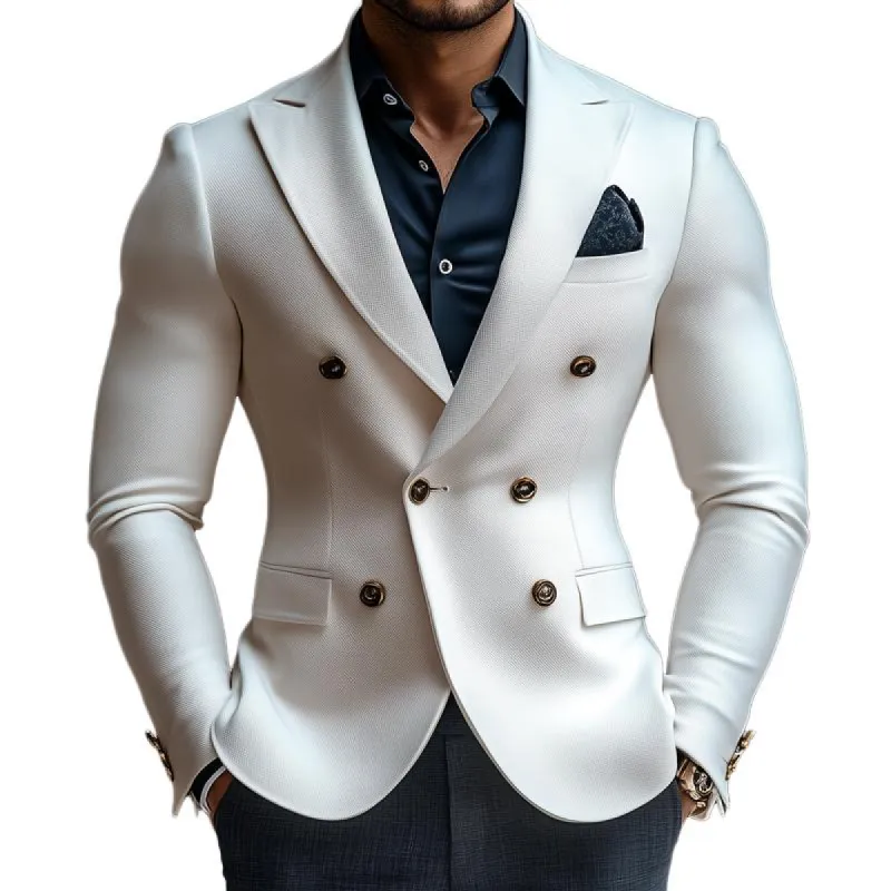 Men's Fashion Solid Color Peak Lapel Double Breasted Casual Blazer 11602132Z sold by Manly
