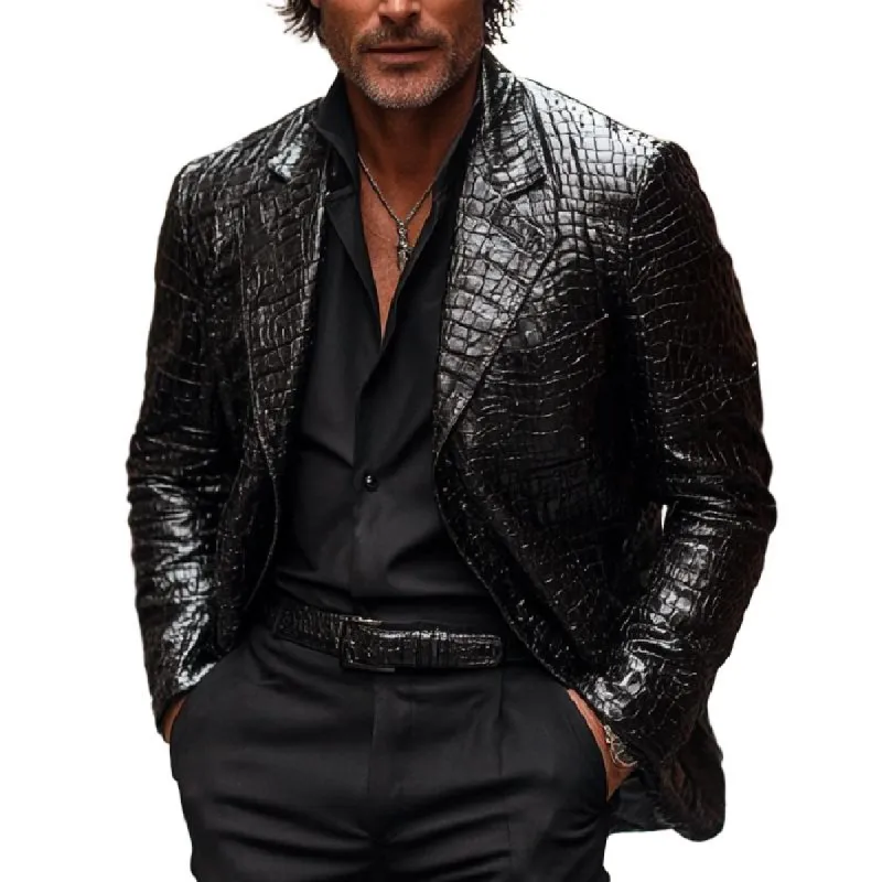 Men's Classic Versatile Black Lapel Crocodile Pattern Leather Blazer 31111303F sold by Manly