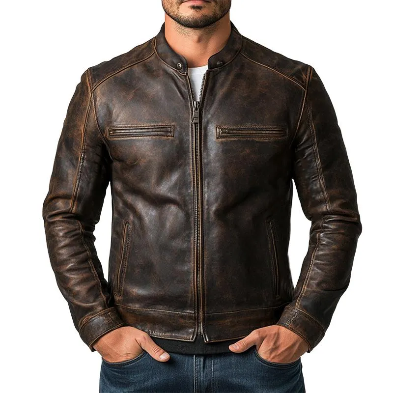 Men's Vintage Distressed Zipper PU Leather Jacket 57298921U sold by Manly