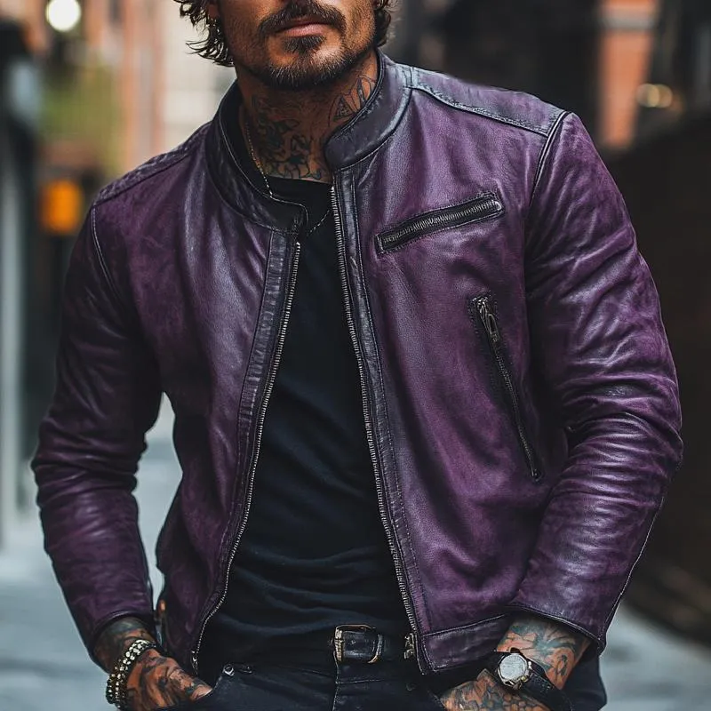 Men's Classic All-match Stand Collar Leather Jacket 75476161F sold by Manly product image thumbnail 2