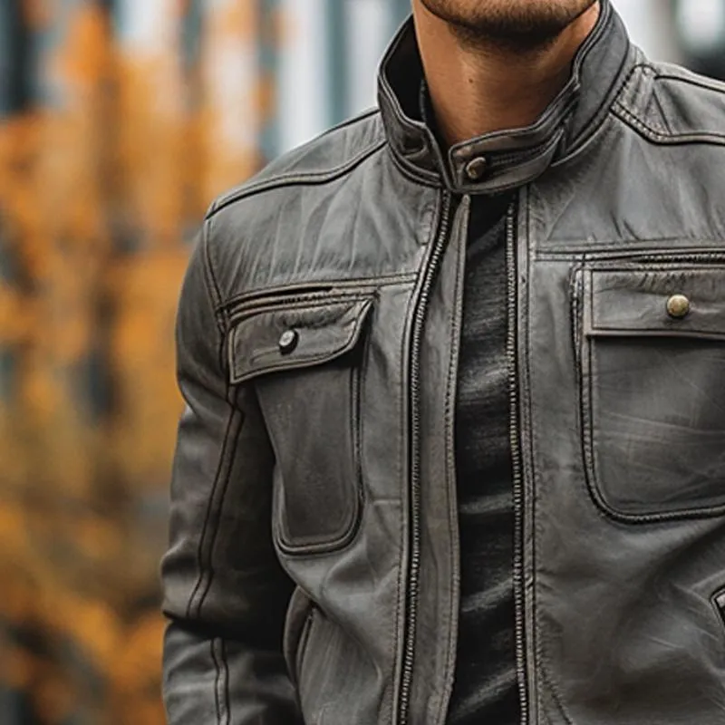 Men's Stand Collar Zipper Leather Jacket 34693022X sold by Manly product image thumbnail 4