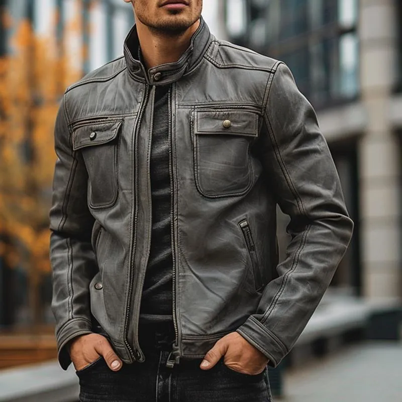 Men's Stand Collar Zipper Leather Jacket 34693022X sold by Manly product image thumbnail 3