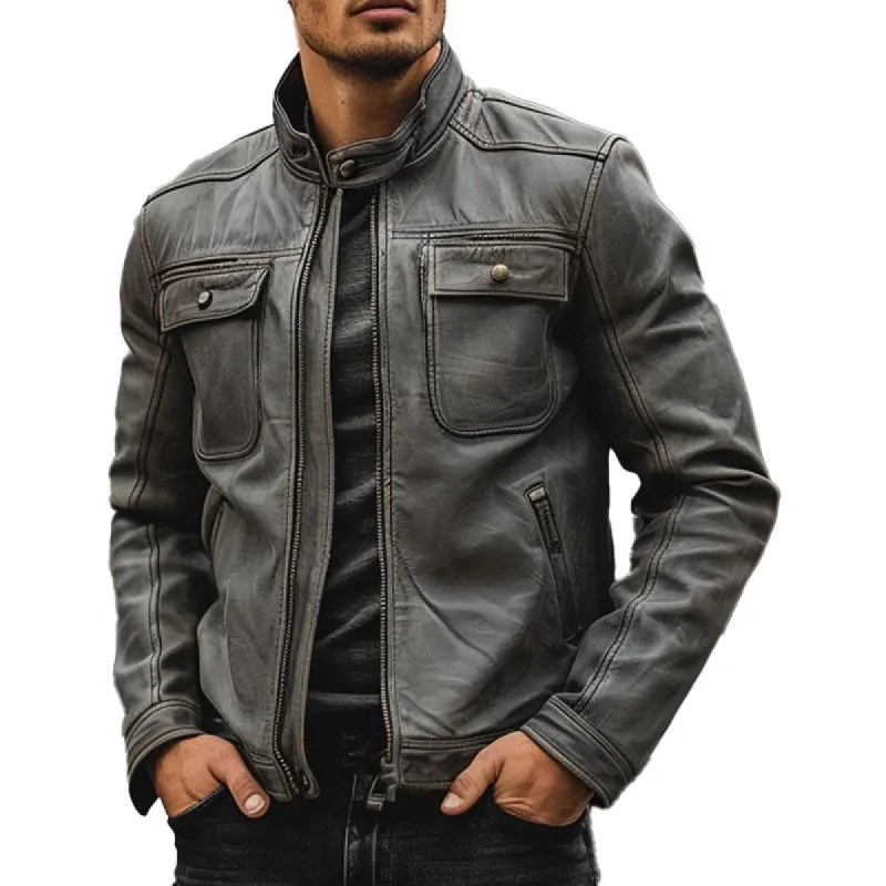 Men's Stand Collar Zipper Leather Jacket 34693022X sold by Manly
