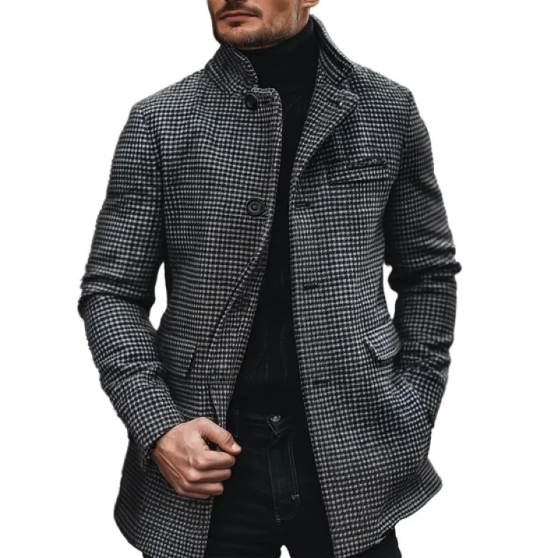 Men's Retro Slim Stand Collar Houndstooth Coat 10923205X sold by Manly