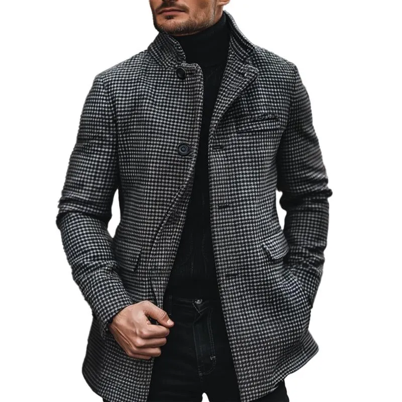 Men's Retro Slim Stand Collar Houndstooth Coat 10923205X sold by Manly