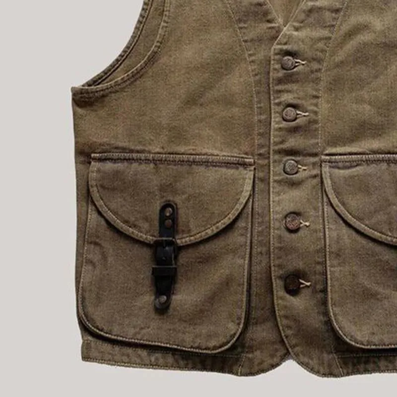 Men's Vintage Khaki Washed Denim Button Vest 15701976U sold by Manly product image thumbnail 3