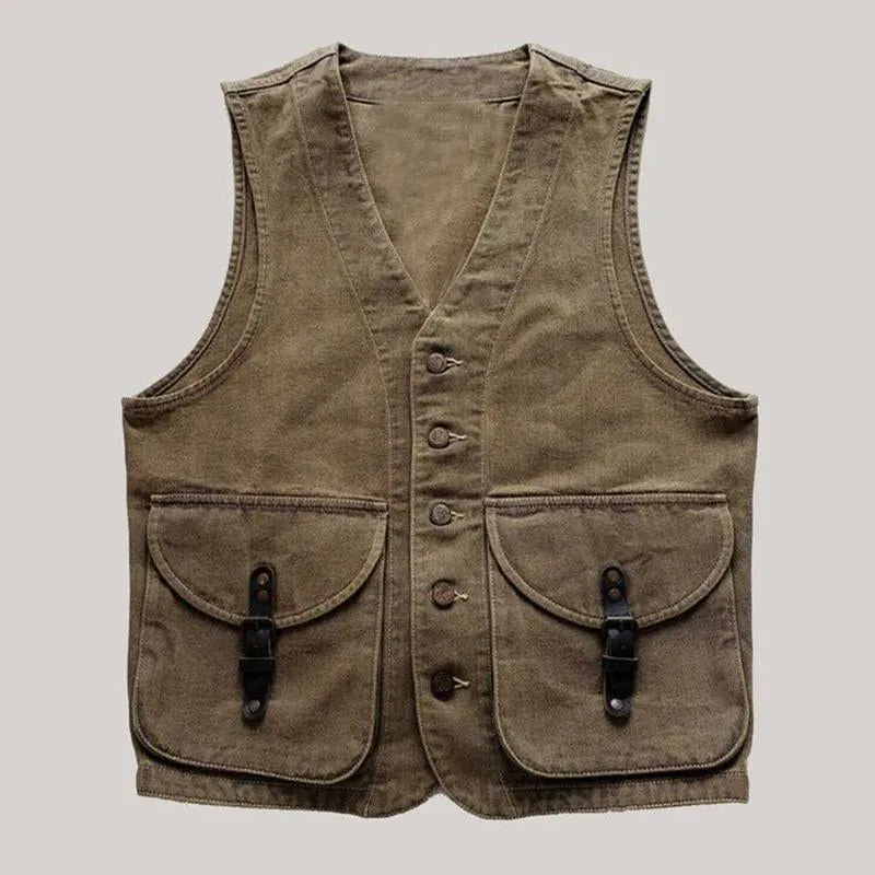 Men's Vintage Khaki Washed Denim Button Vest 15701976U sold by Manly product image thumbnail 2