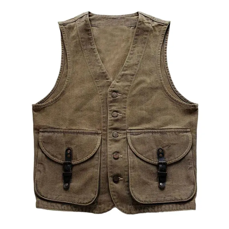 Men's Vintage Khaki Washed Denim Button Vest 15701976U sold by Manly