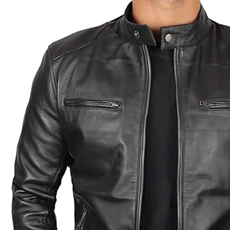 Men's Black Zip Stand Collar Leather Jacket 02083408U sold by Manly product image thumbnail 3