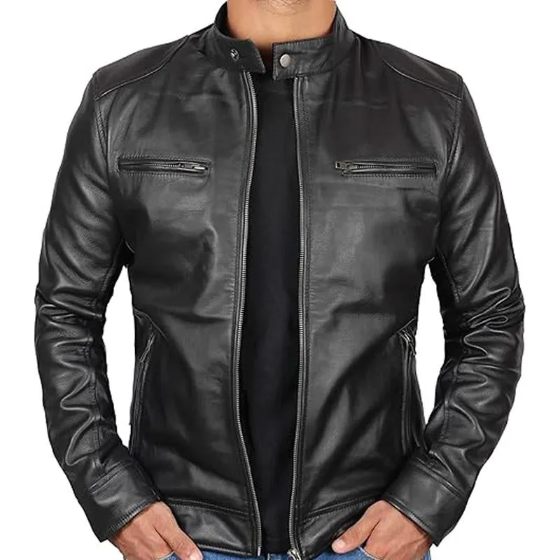 Men's Black Zip Stand Collar Leather Jacket 02083408U sold by Manly product image thumbnail 2
