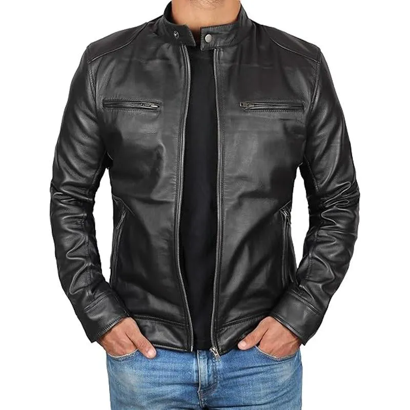 Men's Black Zip Stand Collar Leather Jacket 02083408U sold by Manly