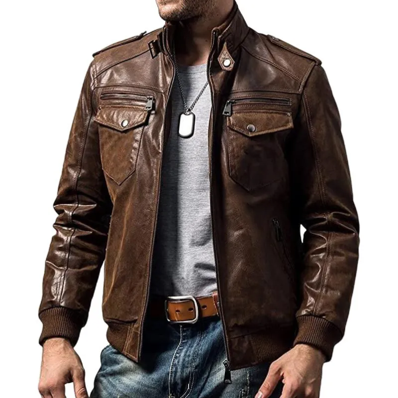 Men's Vintage Multi-Pocket Leather Jacket 98678312U sold by Manly