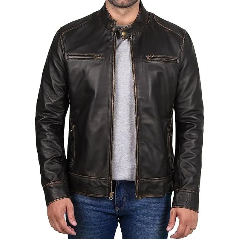 Men's Vintage Distressed Black Zipper Stand Collar Leather Jacket 47322552U sold by Manly