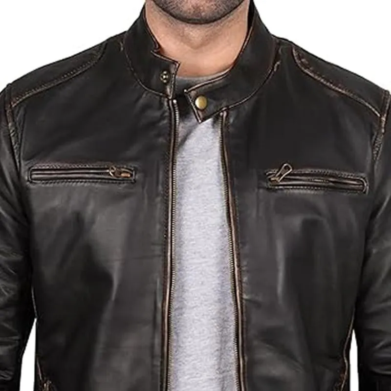 Men's Vintage Distressed Black Zipper Stand Collar Leather Jacket 47322552U sold by Manly product image thumbnail 3