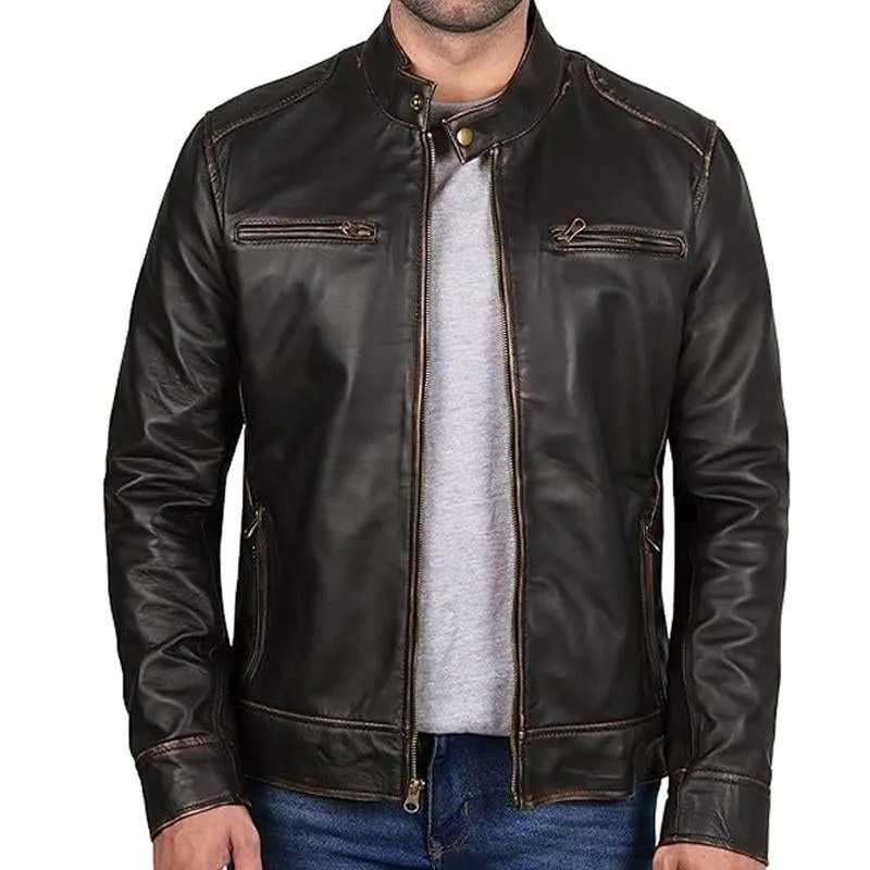 Men's Vintage Distressed Black Zipper Stand Collar Leather Jacket 47322552U sold by Manly product image thumbnail 2