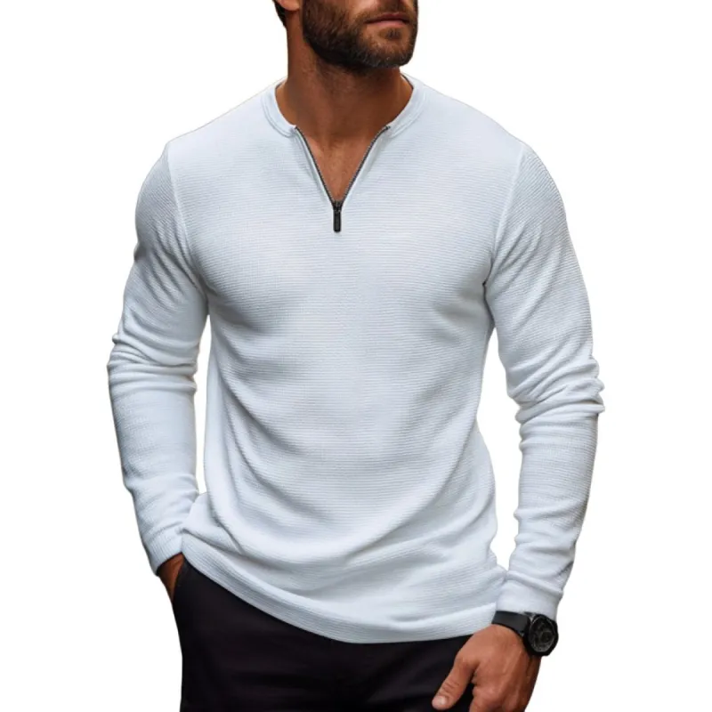 Men's Casual Waffle Zipper Collar Slim Fit Long Sleeve T-Shirt 21465785M sold by Manly