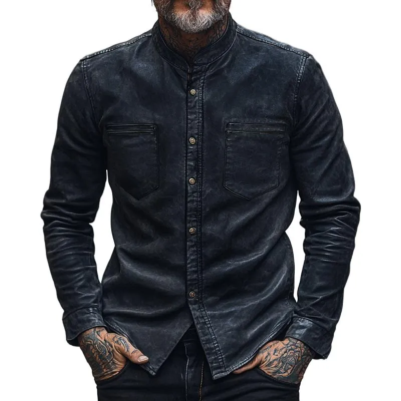 Men's Vintage Stand Collar Long Sleeve Casual Leather Shirt 65270456F sold by Manly