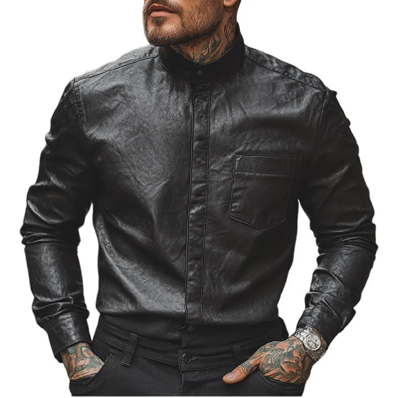 Men's Classic Versatile Stand-up Collar Long-sleeved Leather Shirt 11206100F sold by Manly