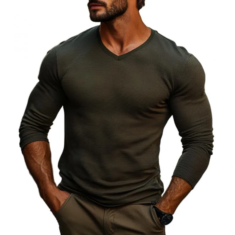 Men's Casual V-neck Waffle Slim Fit Long Sleeve T-shirt 23716209M sold by Manly