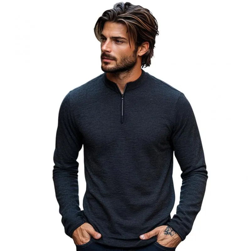 Men's Casual Waffle Stand Collar Zipper Pullover Long Sleeve T-shirt 89144085M sold by Manly product image thumbnail 3