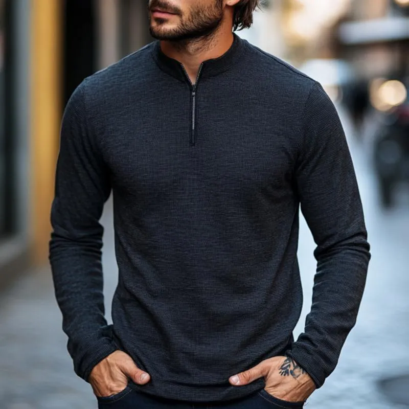 Men's Casual Waffle Stand Collar Zipper Pullover Long Sleeve T-shirt 89144085M sold by Manly product image thumbnail 2