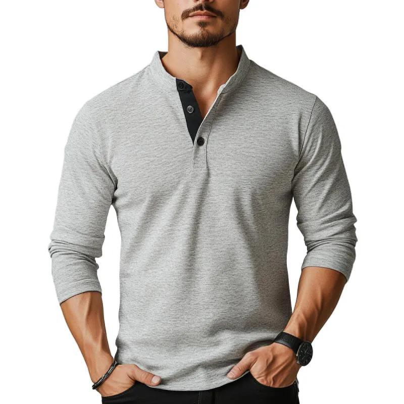 Men's Classic Casual Stand Collar Cotton Long Sleeve T-Shirt 77547556K sold by Manly
