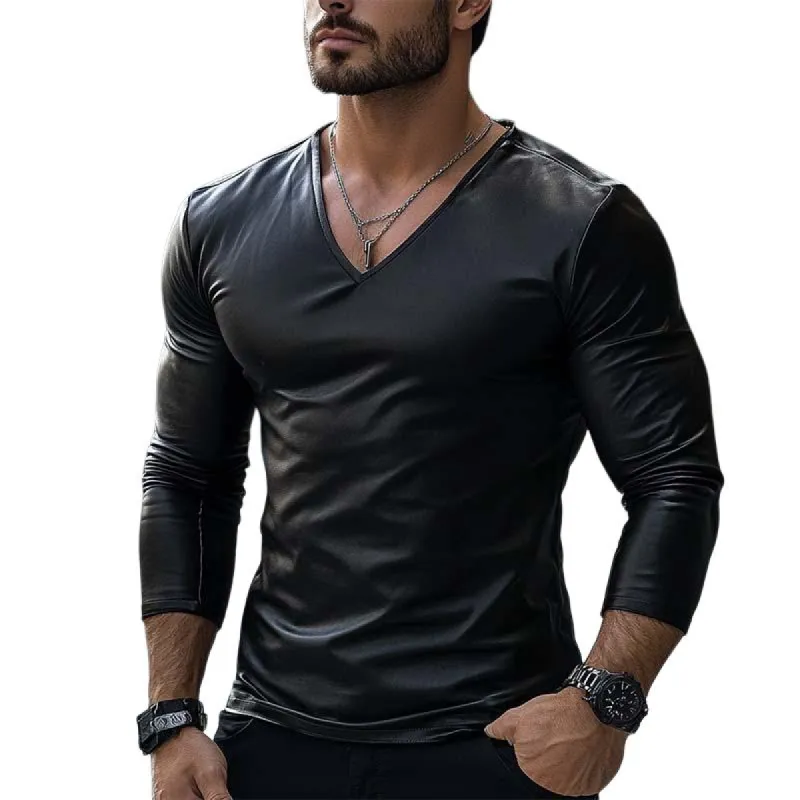 Men's Classic Casual V-Neck Leather Long Sleeve T-Shirt 07271932K sold by Manly