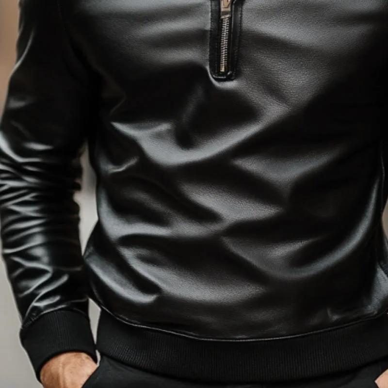 Men's Classic Casual Lapel Zipper Leather Long Sleeve Polo Shirt 69452942K sold by Manly product image thumbnail 4