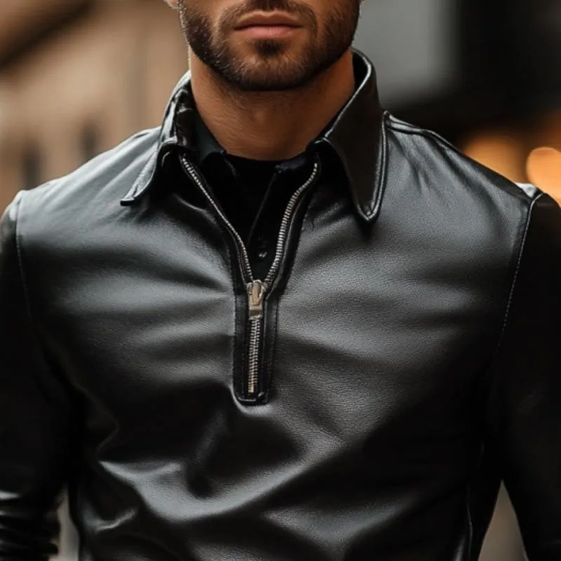 Men's Classic Casual Lapel Zipper Leather Long Sleeve Polo Shirt 69452942K sold by Manly product image thumbnail 3