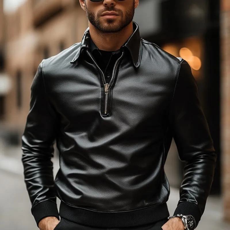 Men's Classic Casual Lapel Zipper Leather Long Sleeve Polo Shirt 69452942K sold by Manly product image thumbnail 2
