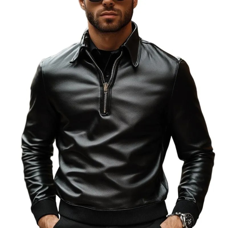 Men's Classic Casual Lapel Zipper Leather Long Sleeve Polo Shirt 69452942K sold by Manly
