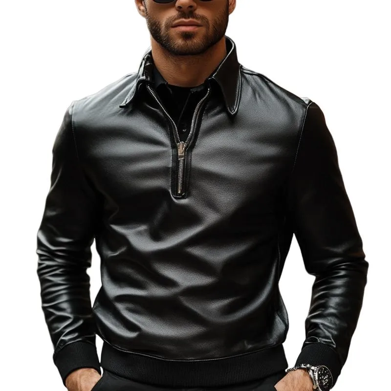 Men's Classic Casual Lapel Zipper Leather Long Sleeve Polo Shirt 69452942K sold by Manly