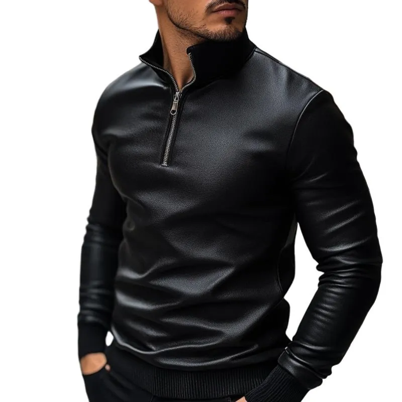 Men's Classic Casual Knitted Stand Collar Zipper Leather Long Sleeve Polo Shirt 03559024K sold by Manly
